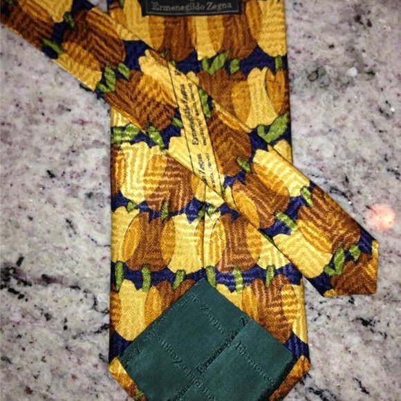 Ermenegildo Zegna:MENS LUXURY 100% Silk Neck Tie Golden Yellow Tulip Motif Italy - Picture 5 of 6